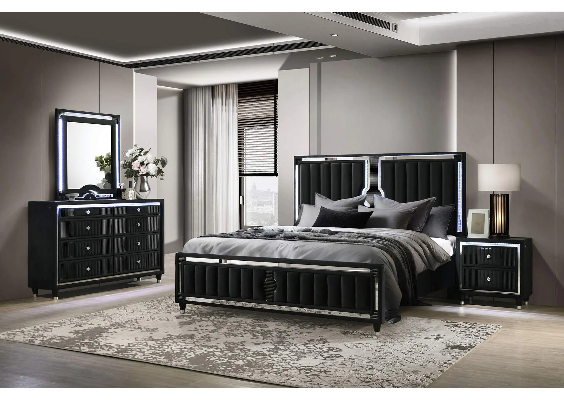 Ravenne 4-piece Velvet Upholstered Eastern King LED Bedroom Set Black