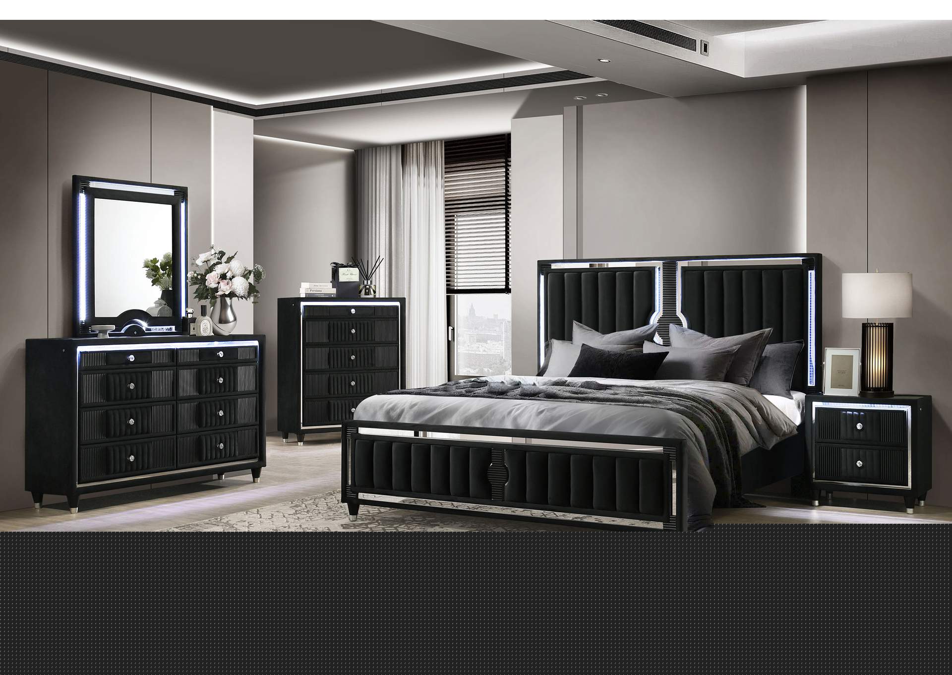 Ravenne 5-piece Velvet Upholstered California King LED Bedroom Set Black