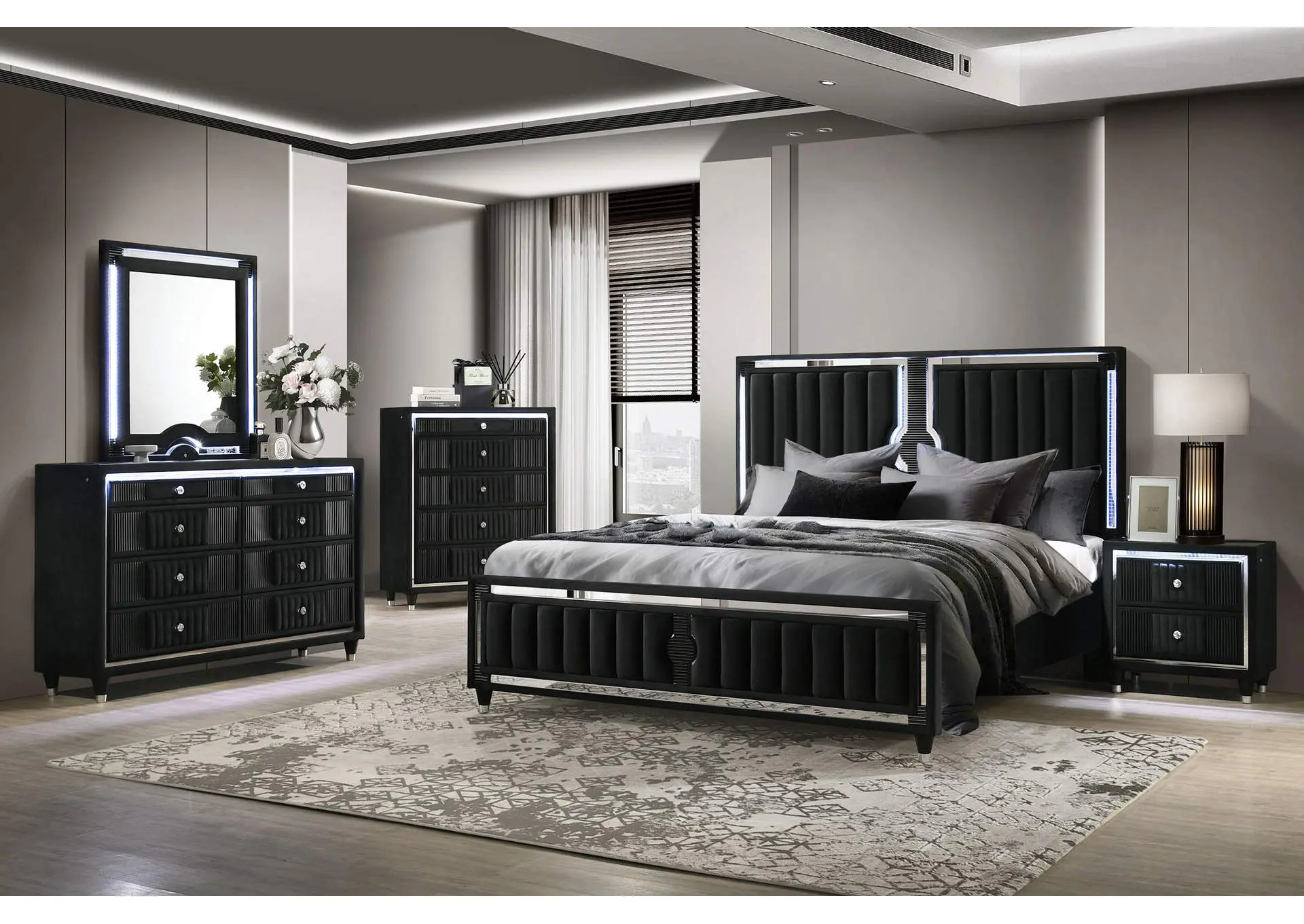 Ravenne 5-piece Velvet Upholstered Queen LED Bedroom Set Black