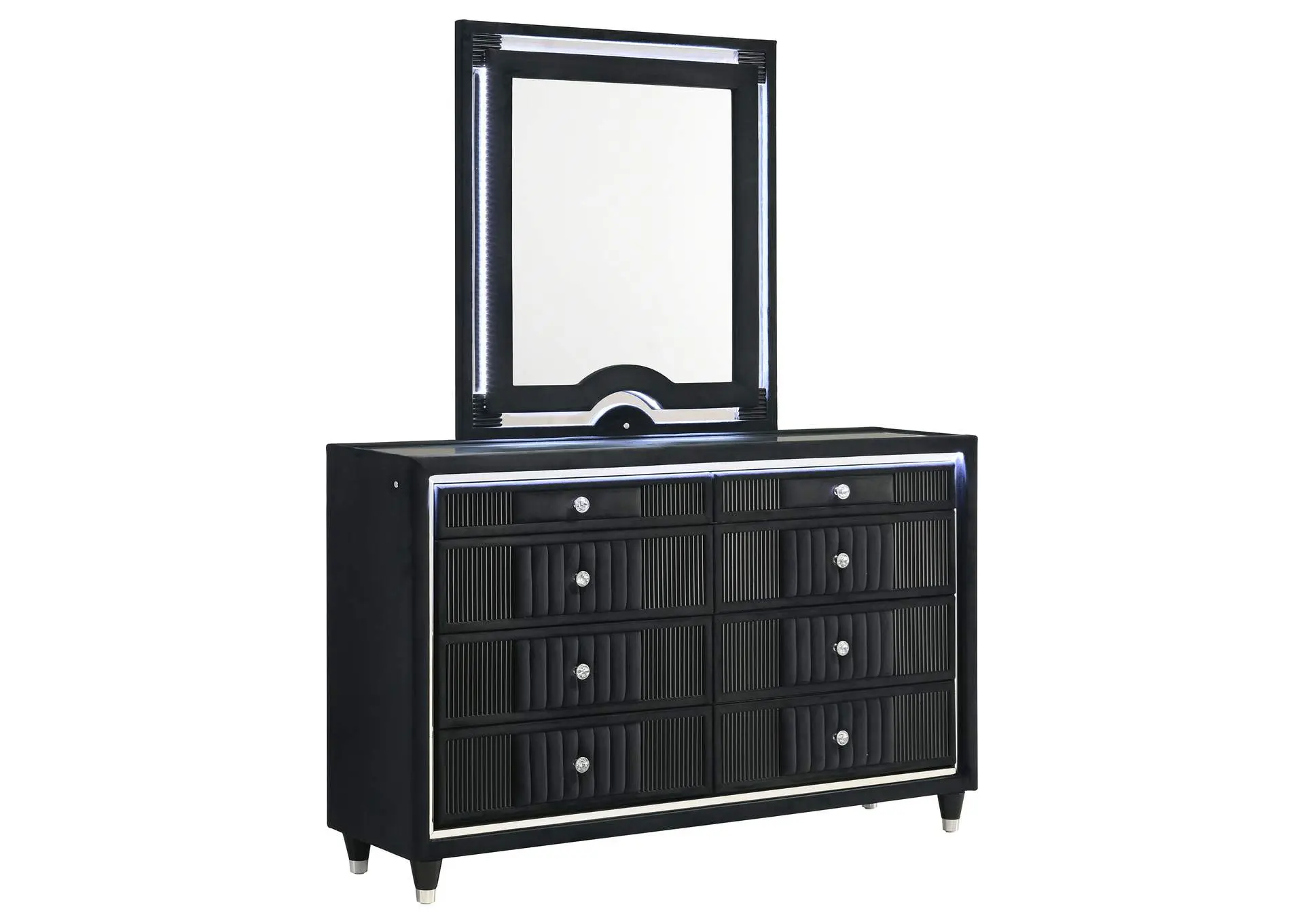 Ravenne 8-drawer Velvet Upholstered LED Dresser and Mirror Black