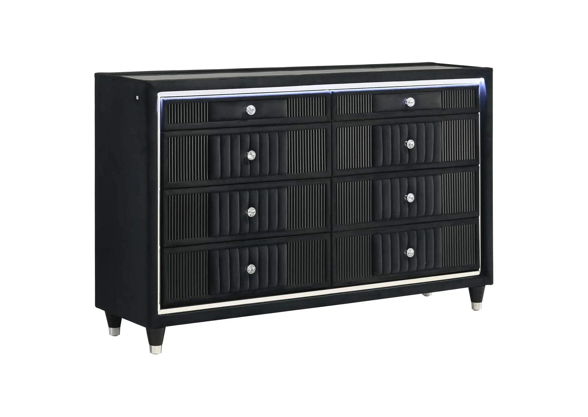 Ravenne 8-drawer Velvet Upholstered LED Dresser Cabinet Black