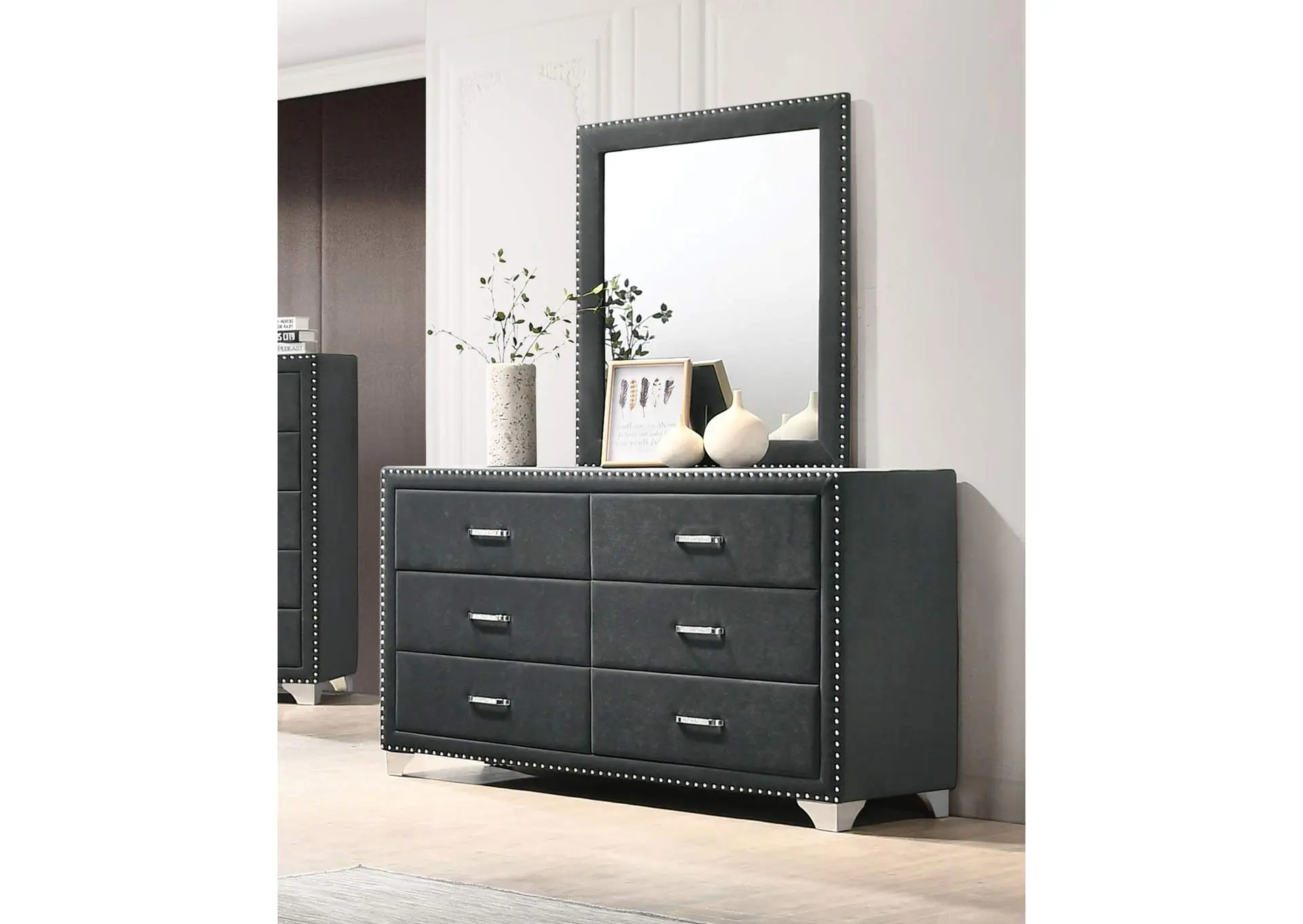Melody 6-drawer Upholstered Dresser with Mirror Grey — view 2