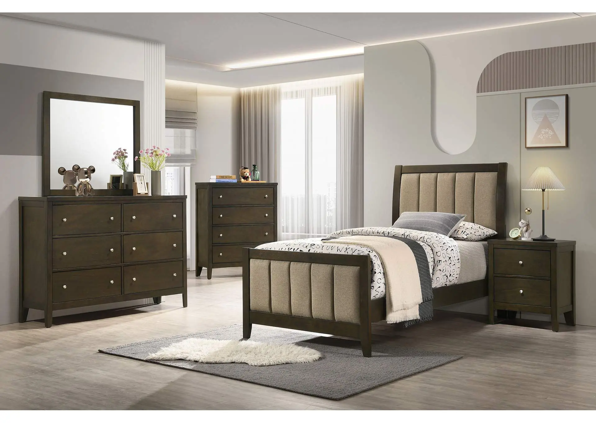 Wilkes 5-Piece Twin Bedroom Set with Upholstered Bed Dark Cocoa