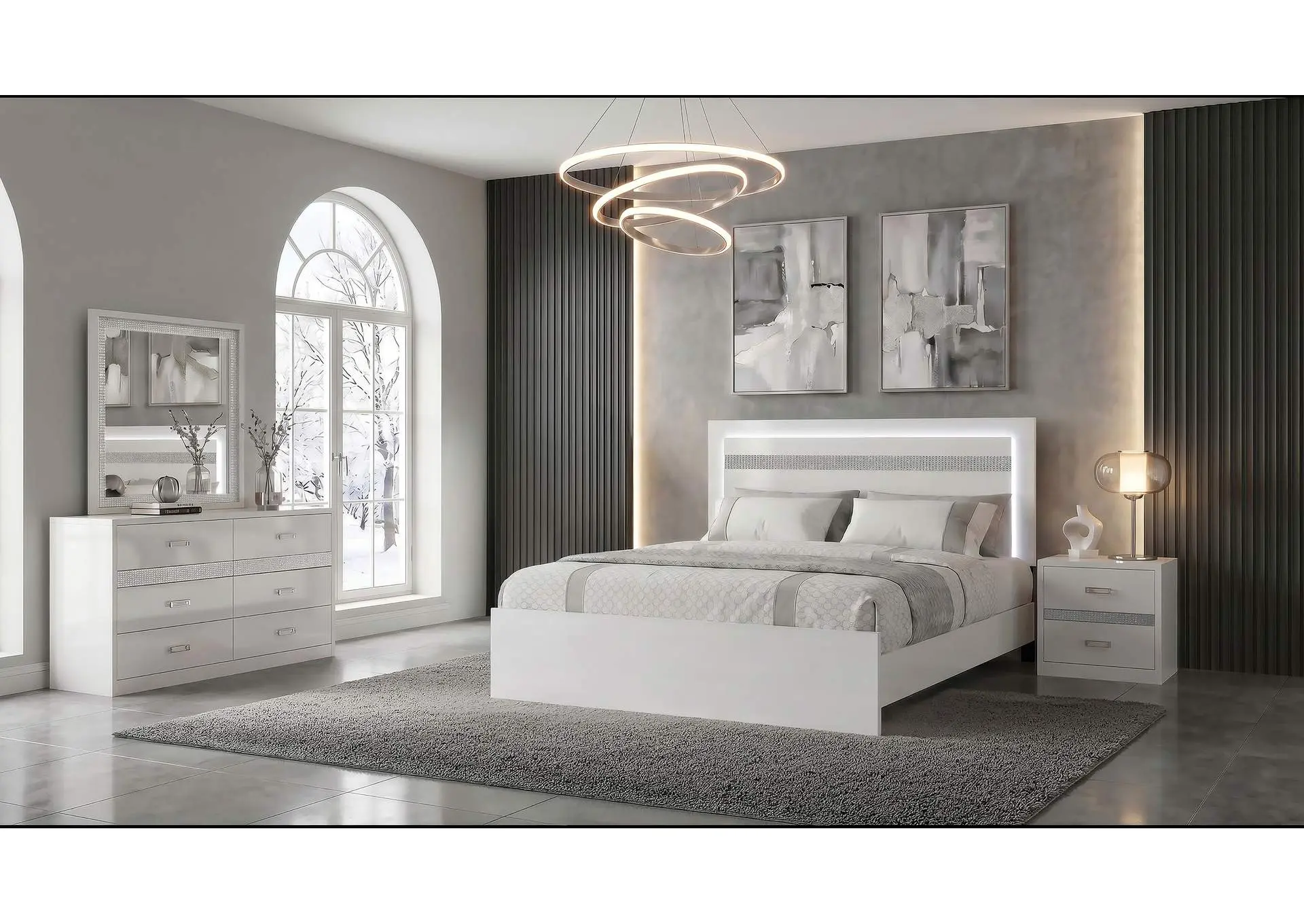 Viana 4-Piece Touch-Control LED Queen Bedroom Set White High Gloss