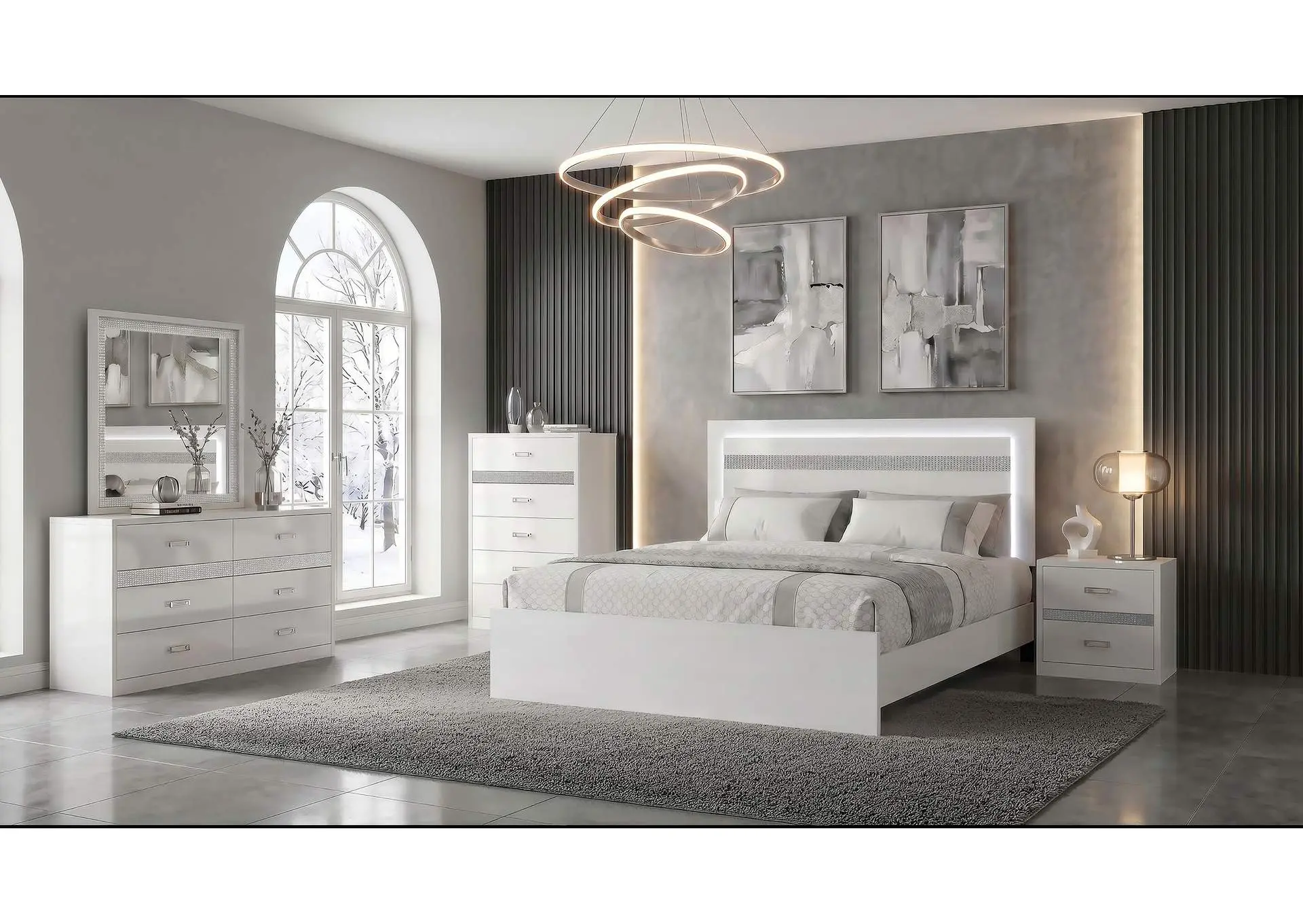 Viana 5-Piece Touch-Control LED Queen Bedroom Set White High Gloss