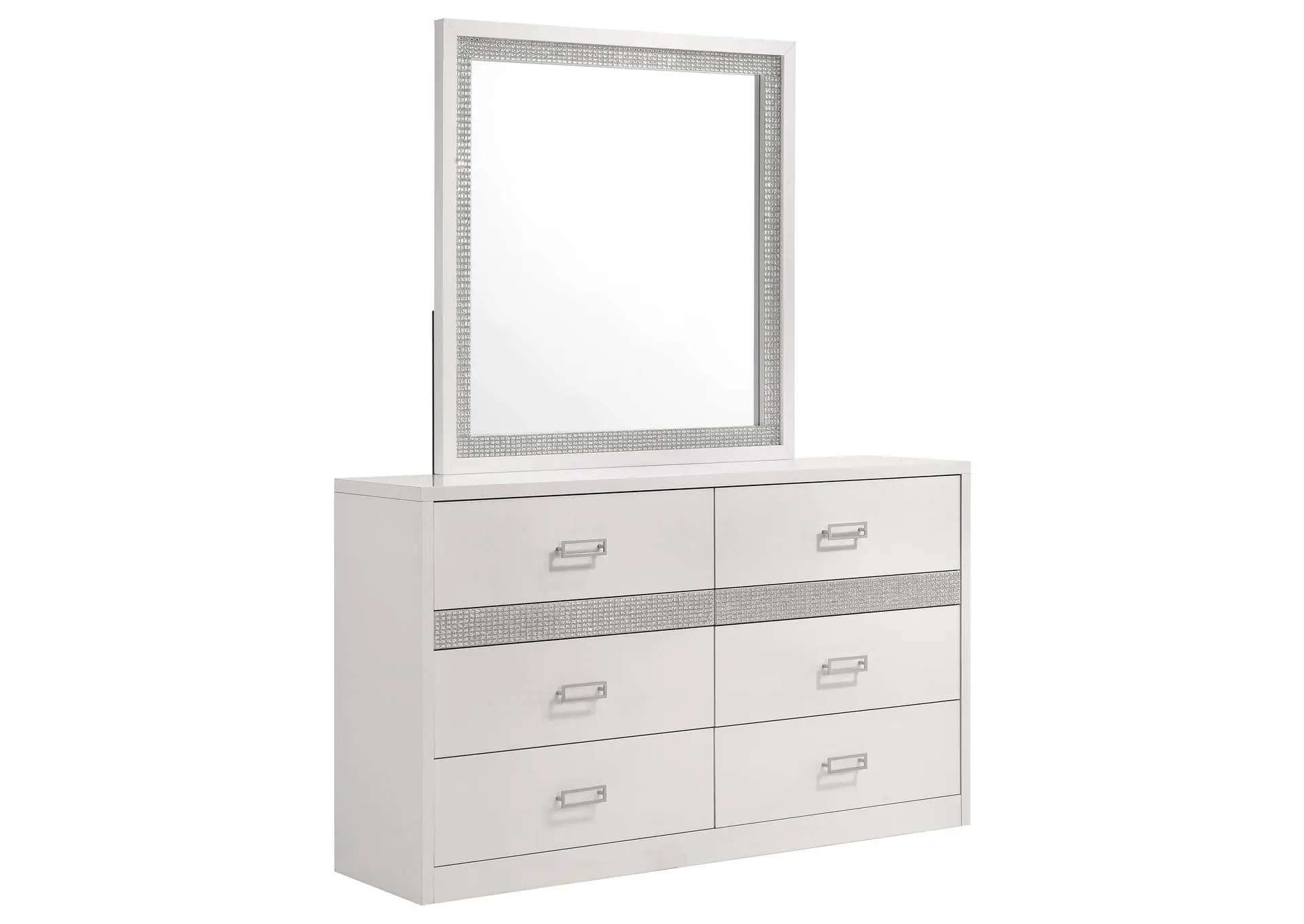 Viana 6-Drawer Bedroom Dresser with Beveled Mirror White High Gloss