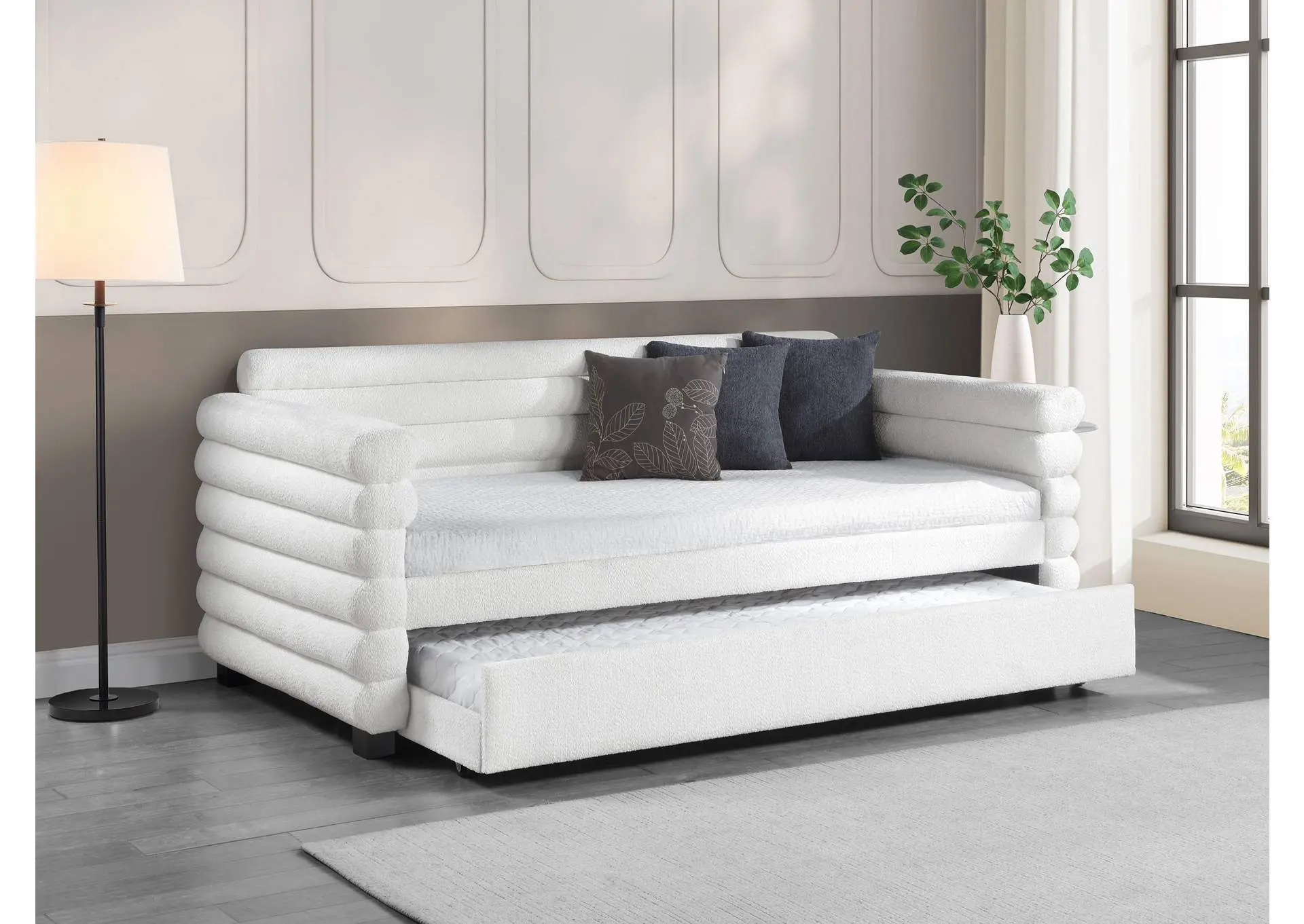 Patricia Boucle Upholstered Twin Day Bed with Trundle White