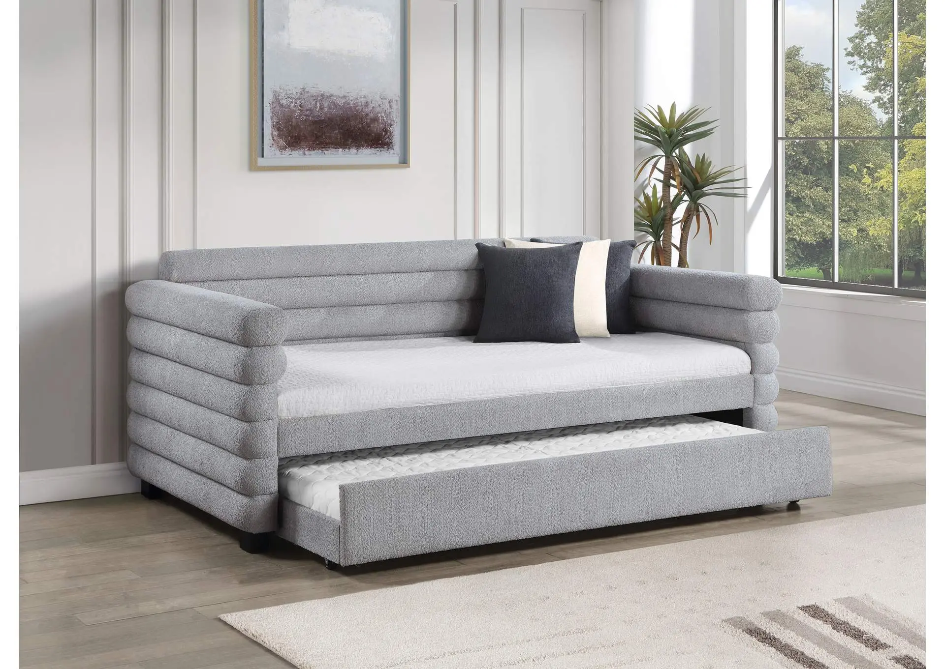 Patricia Boucle Upholstered Twin Day Bed with Trundle Grey