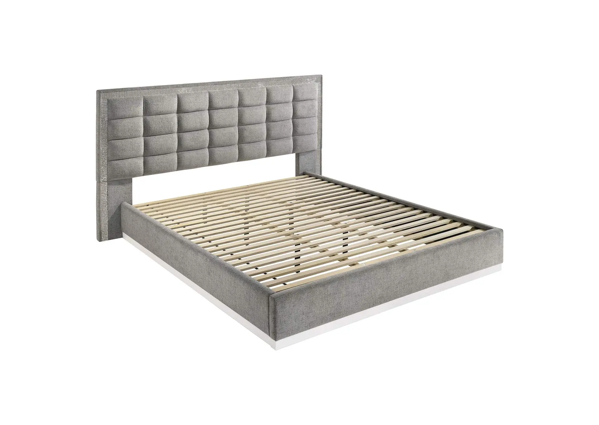 Viana Eastern King Chenille Platform Bed Grey and White High Gloss