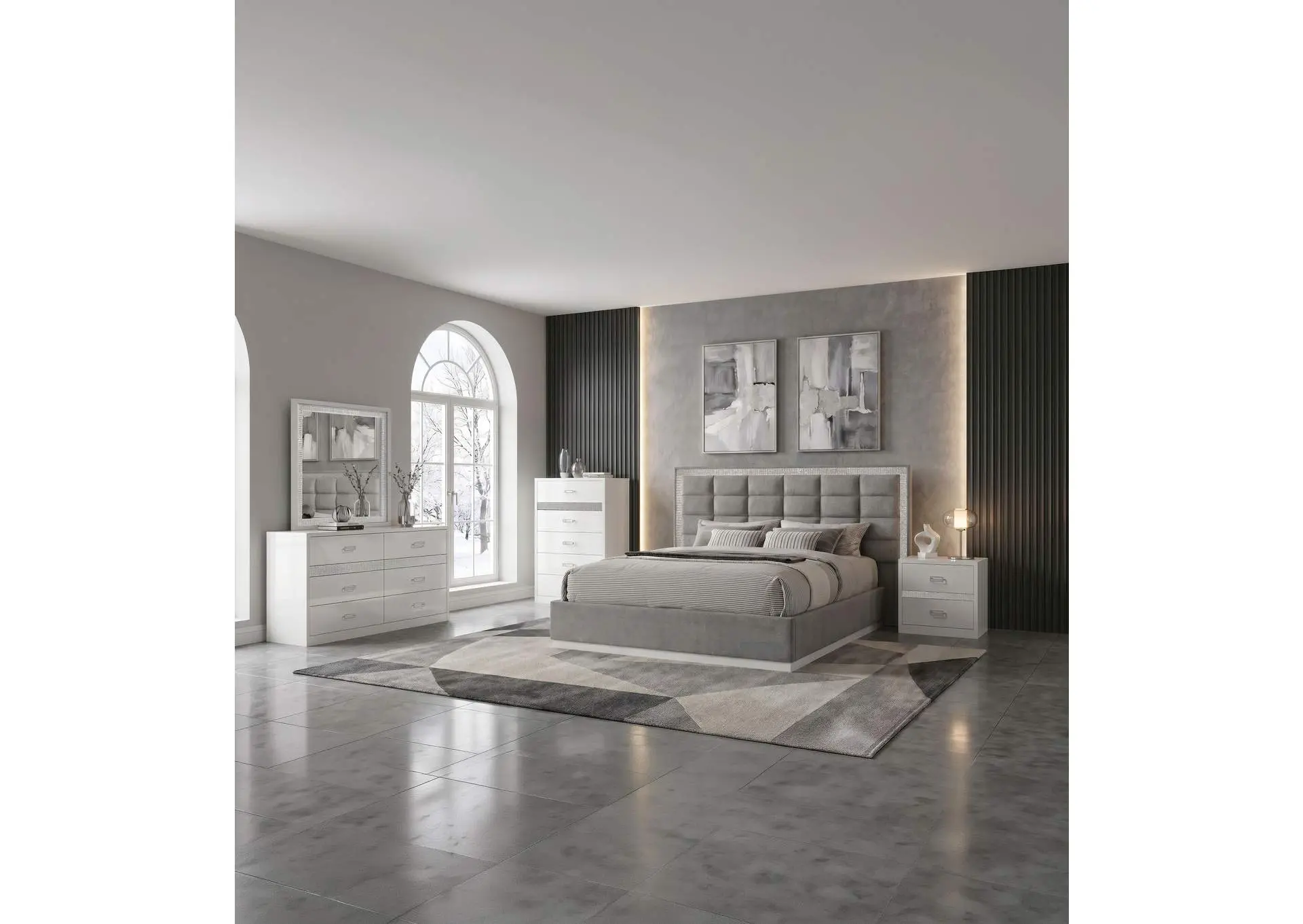 Viana 5-Piece Queen Platform Bedroom Set Grey and White High Gloss