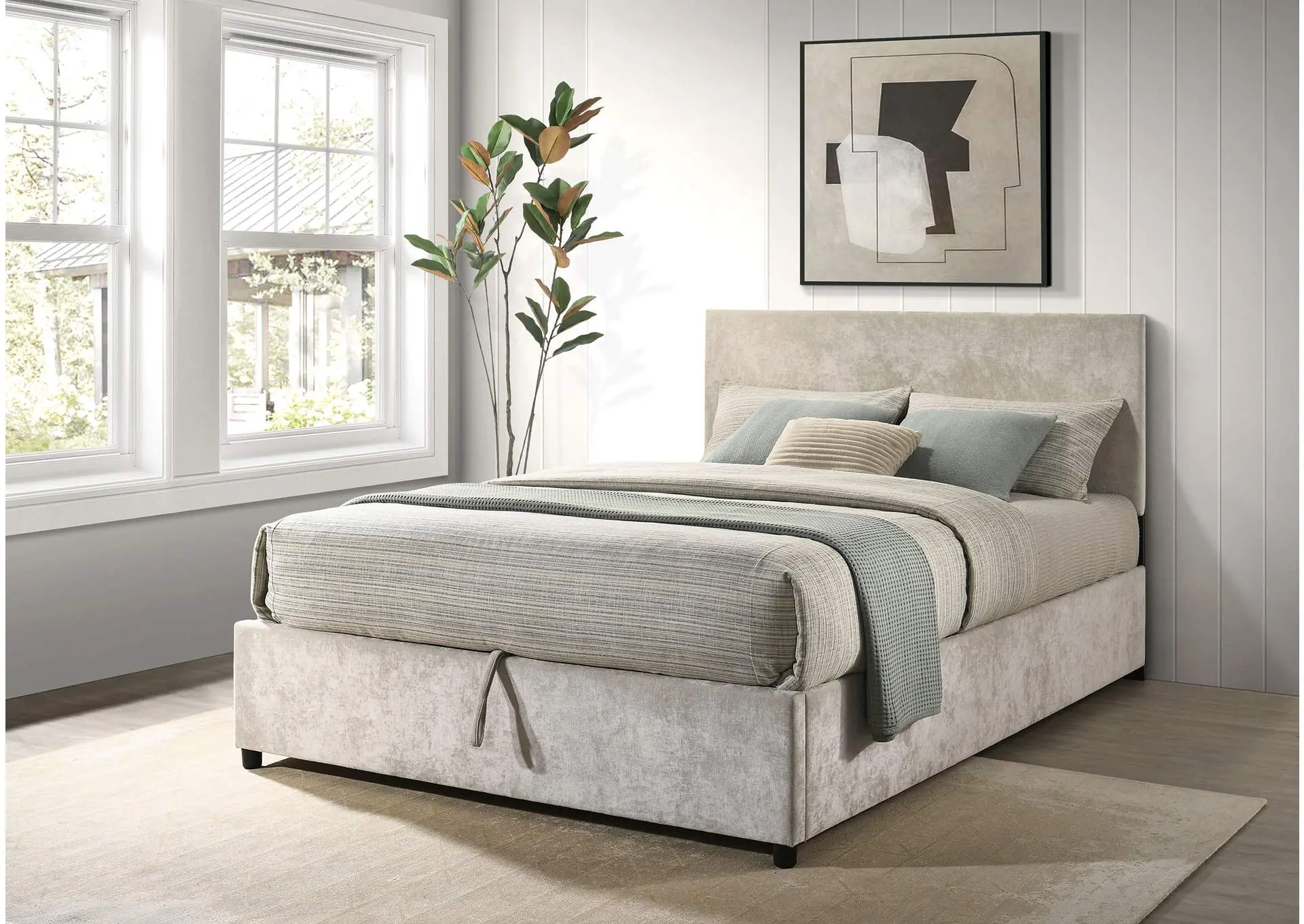 Reeves Upholstered Queen Lift-Top Storage Platform Bed Beige