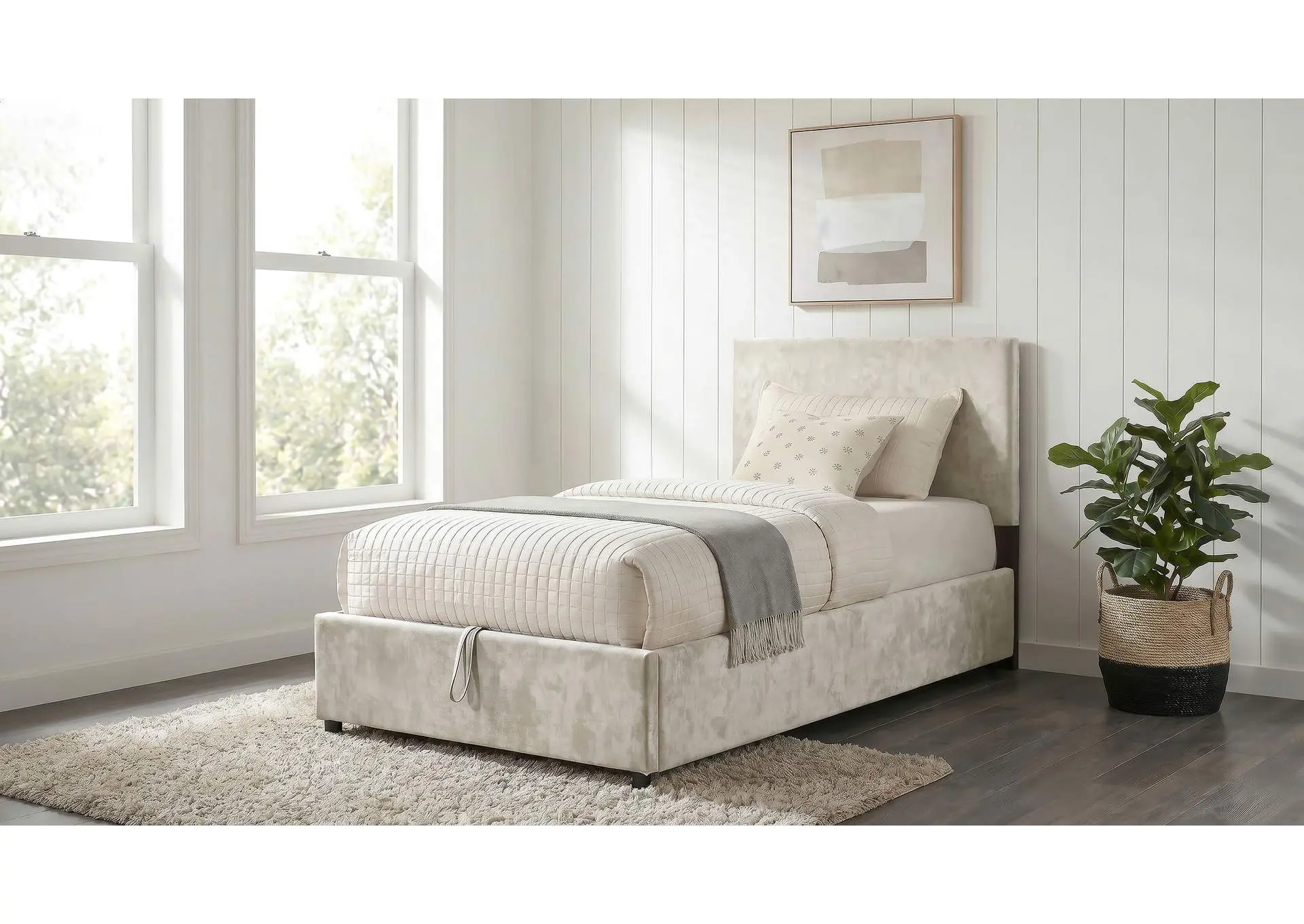 Reeves Upholstered Twin Lift-Top Storage Platform Bed Beige