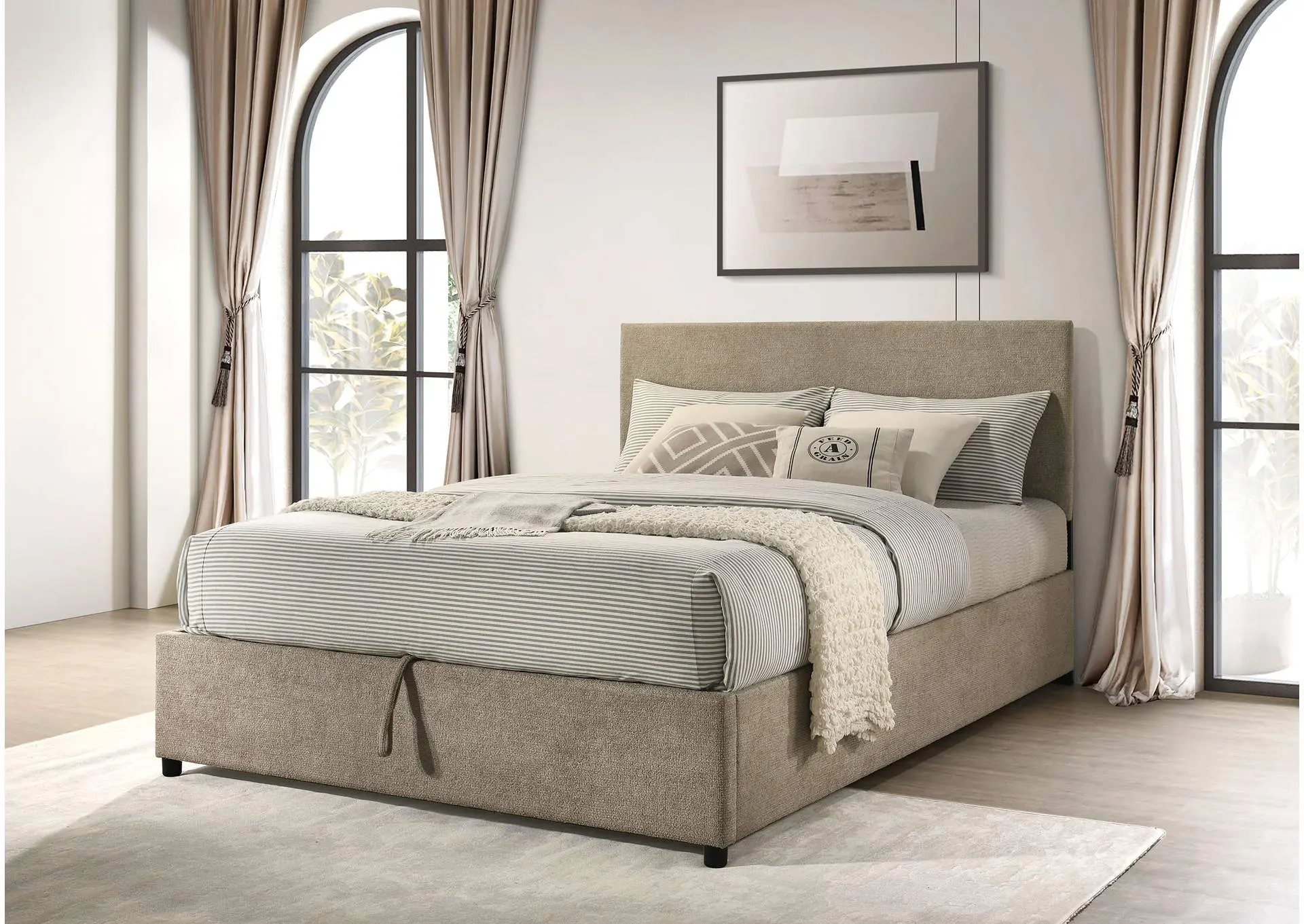 Reeves Upholstered Queen Lift-Top Storage Platform Bed Tan