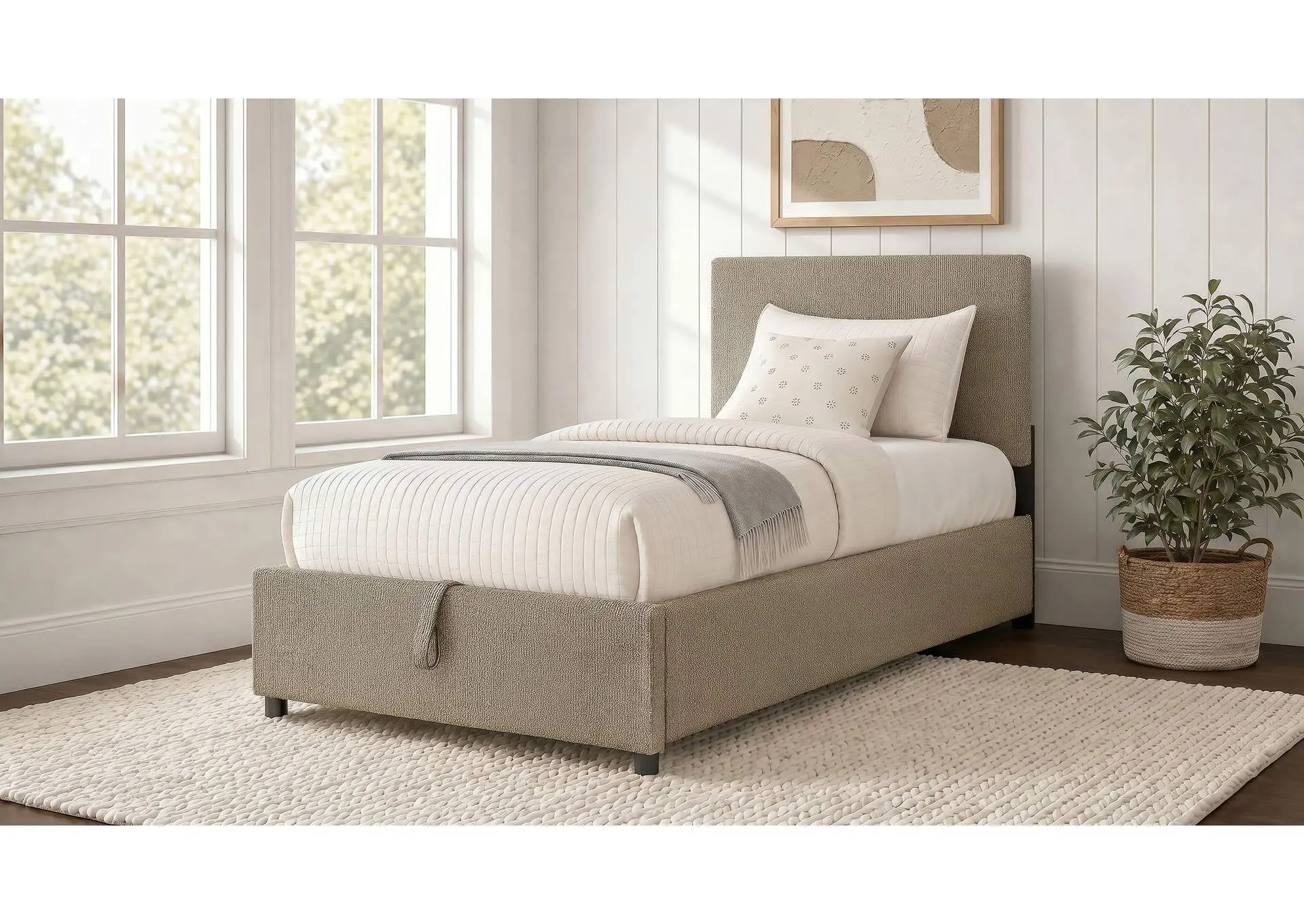 Reeves Upholstered Twin Lift-Top Storage Platform Bed Tan