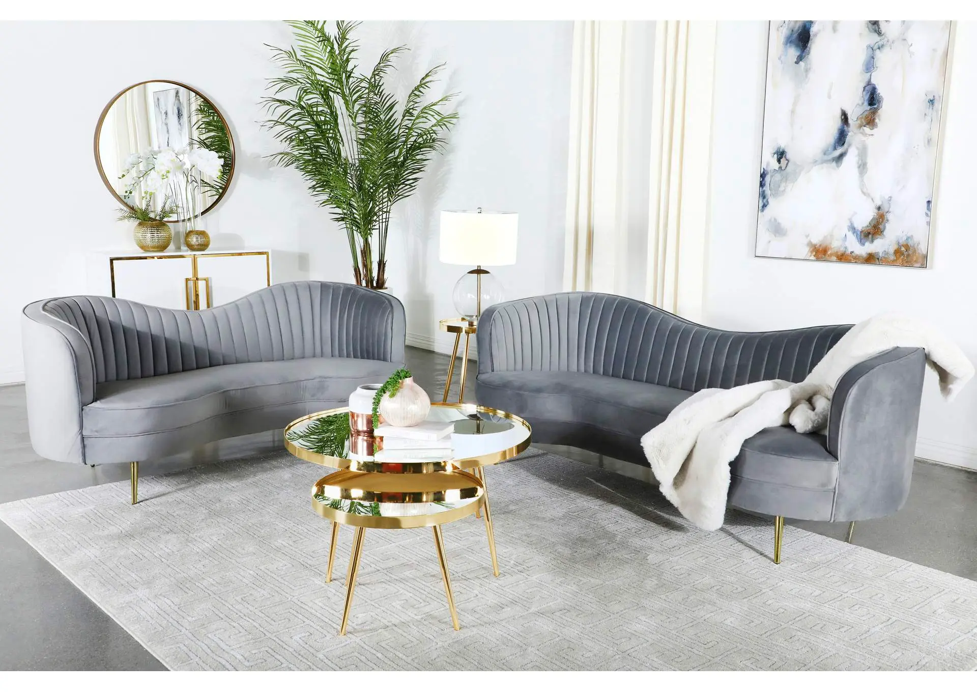 Sophia 2-piece Upholstered Channel Tufted Sofa Set Grey