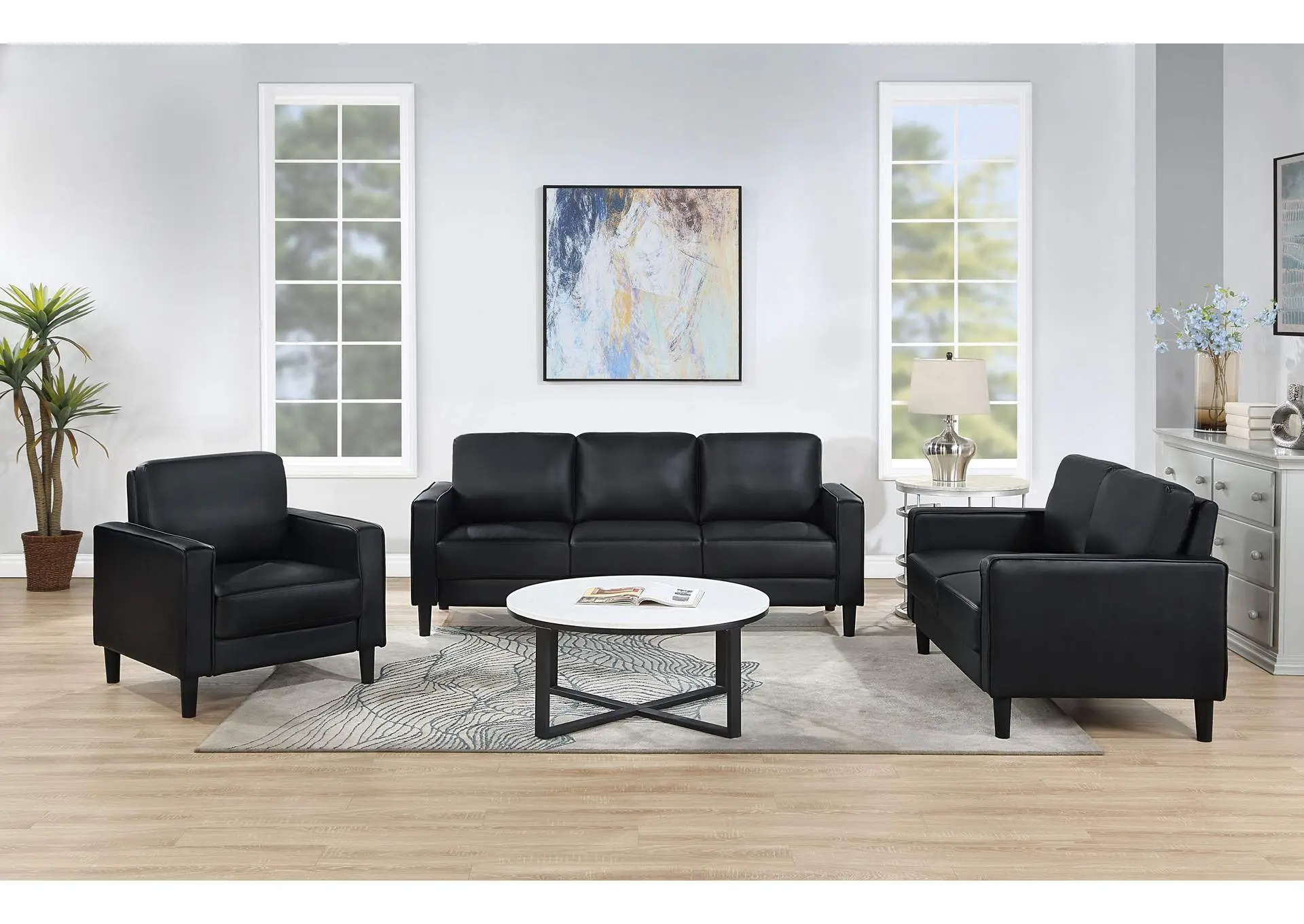 Ruth 3-piece Upholstered Track Arm Sofa Set Black