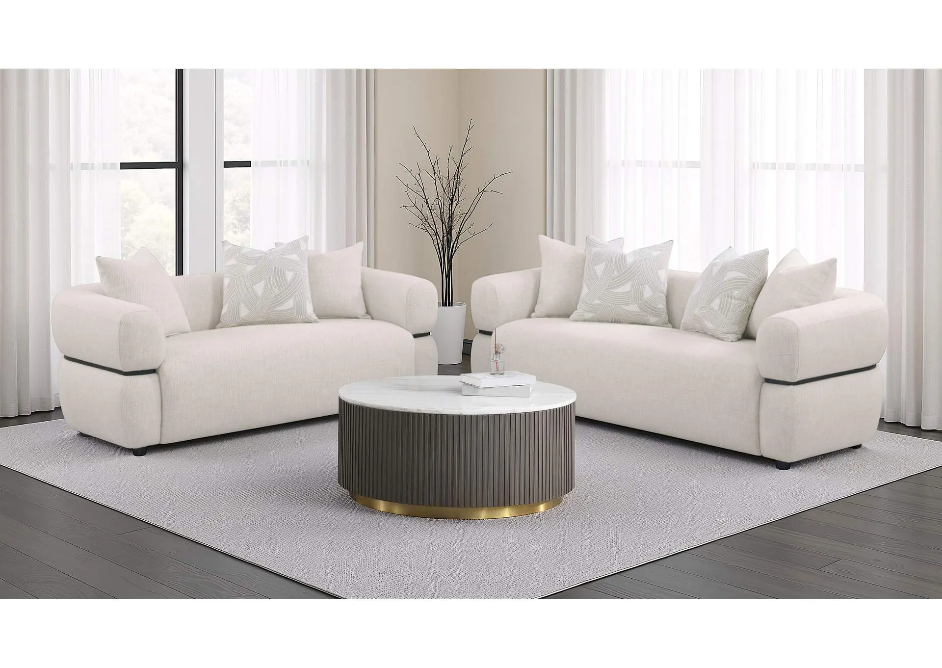 Jeanette 2-piece Fabric Upholstered Round Arm Sofa Set Beige