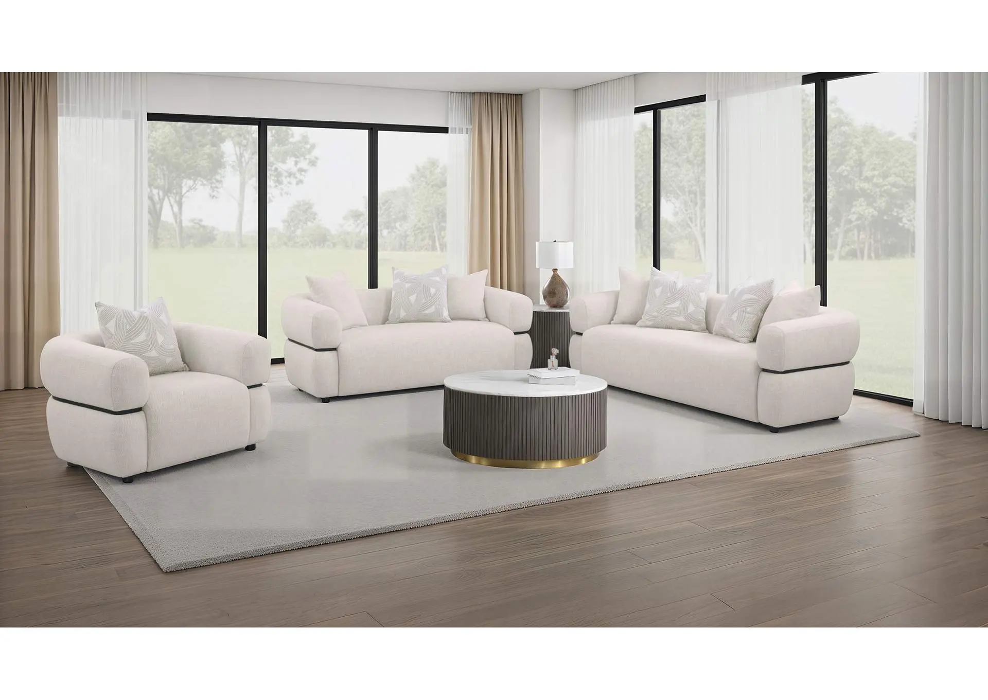 Jeanette 3-piece Fabric Upholstered Round Arm Sofa Set Beige