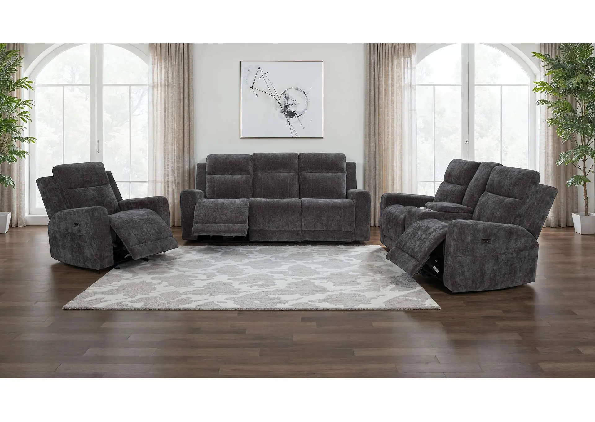 Kennett 3-piece Chenille Power Reclining Sofa Set Dark Grey