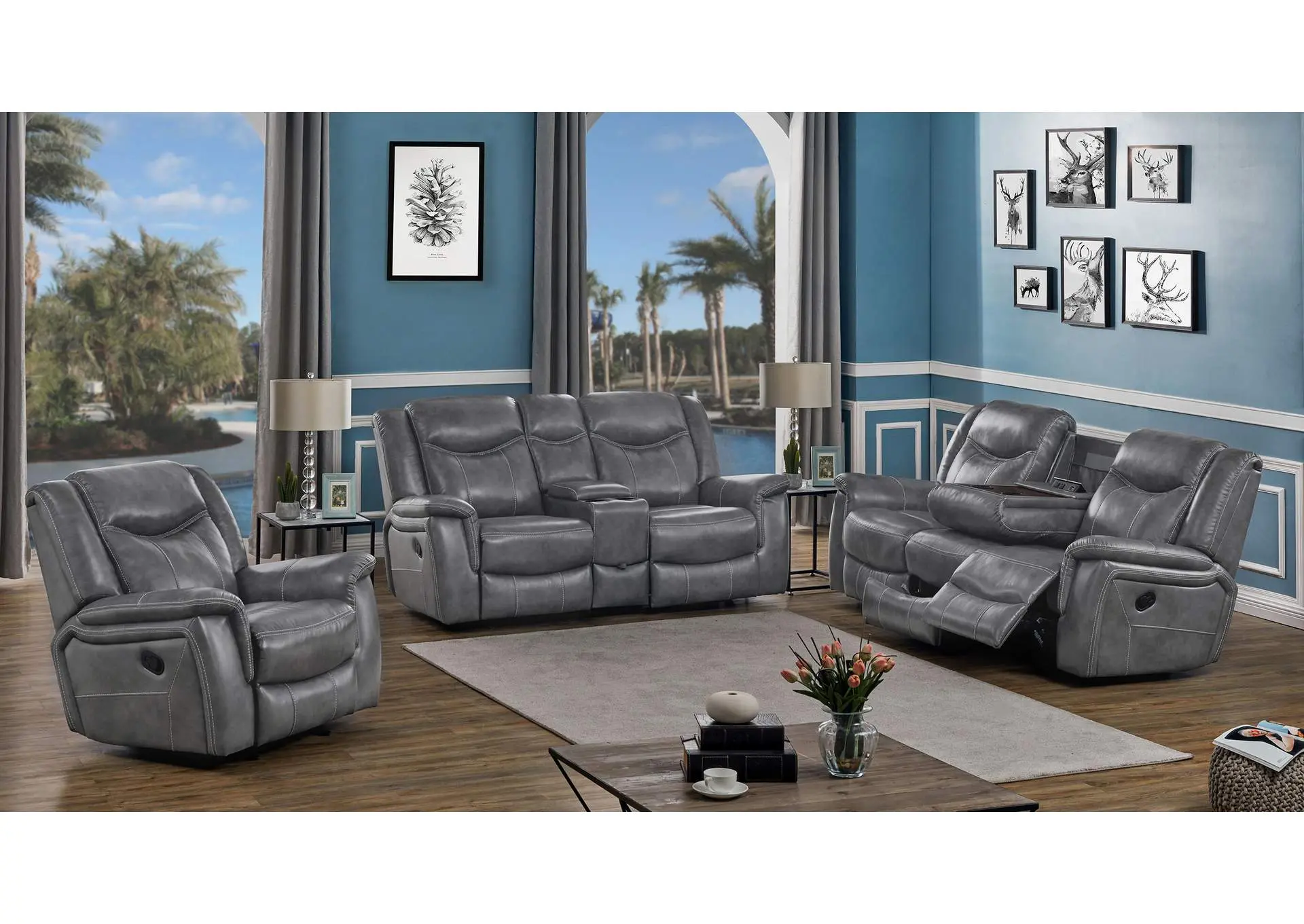 Conrad 3-piece Upholstered Padded Arm Motion Sofa Set Grey
