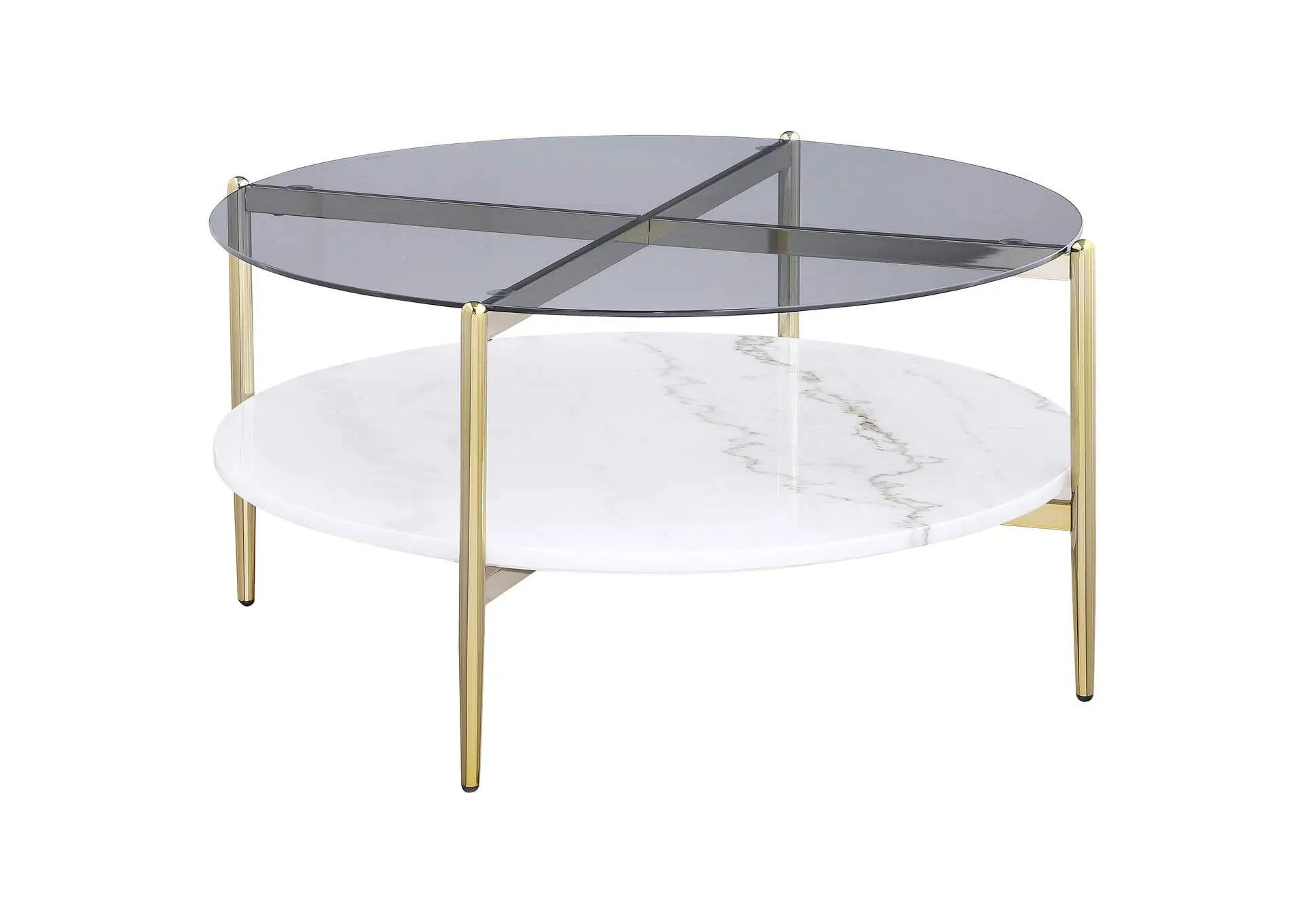 Jonelle Round Glass Top Coffee Table White Marble Shelf Gold