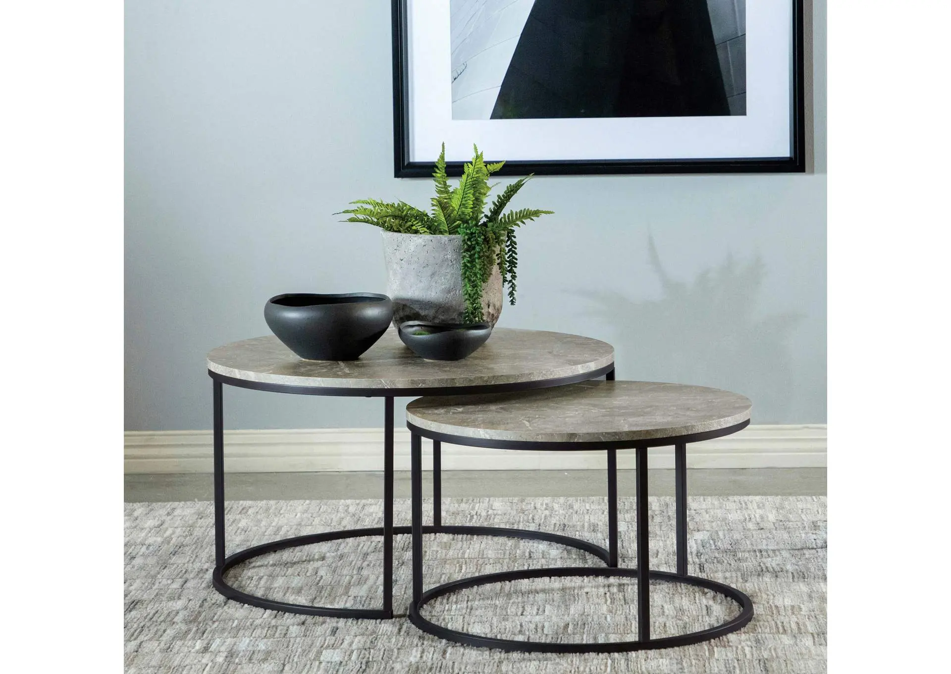 Lainey 2-piece Round Faux Marble Nesting Coffee Table Grey