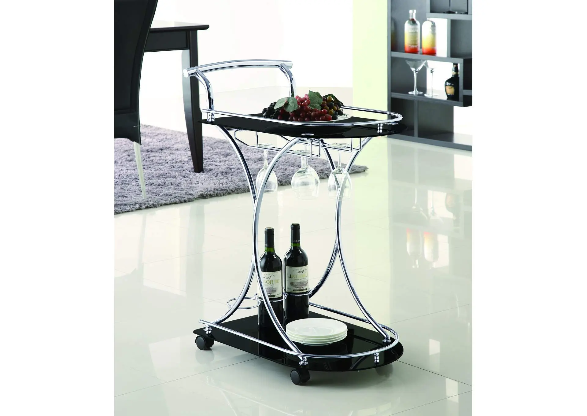 Elfman 2-tier Glass Shelf Metal Bar Cart Black and Chrome — view 2