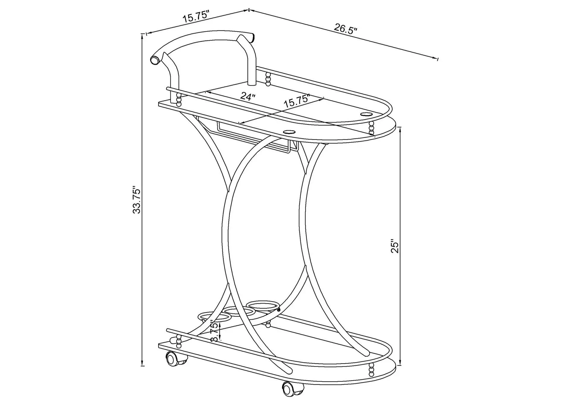 Elfman 2-tier Glass Shelf Metal Bar Cart Black and Chrome — view 11