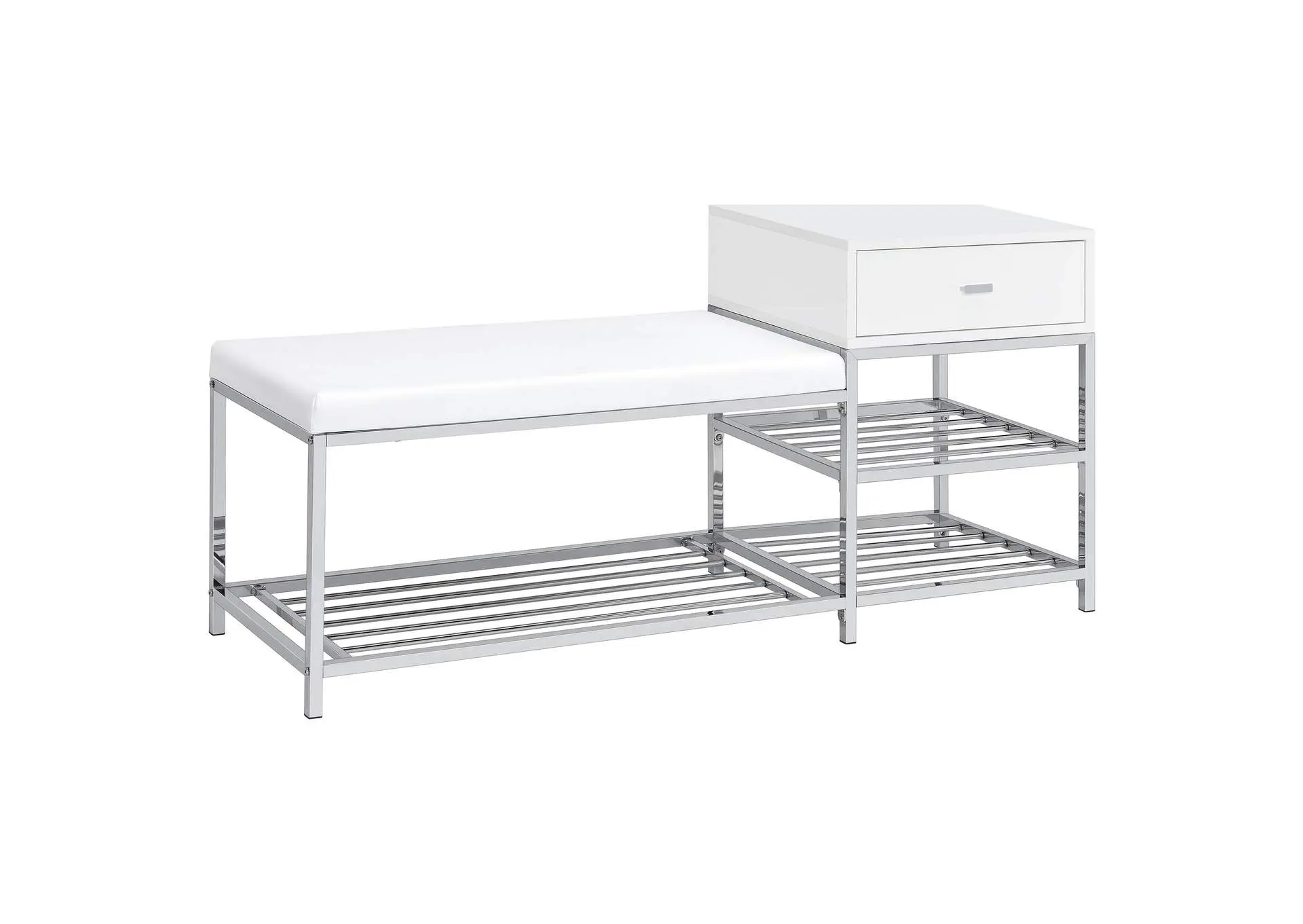 Siega 1-Drawer Shoe Storage Entryway Bench White High Gloss and Chrome