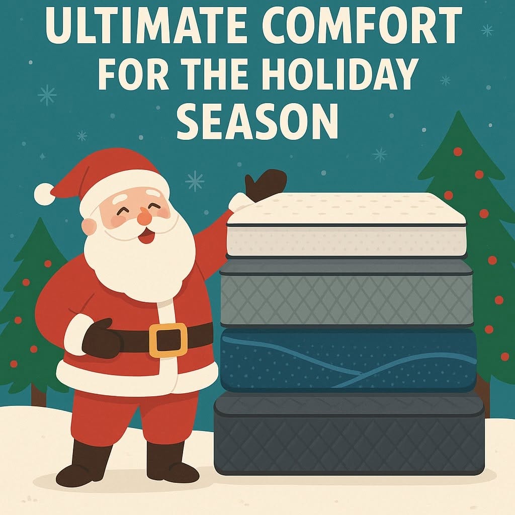 Ultimate comfort for the holiday season — Santa beside a stack of mattresses.