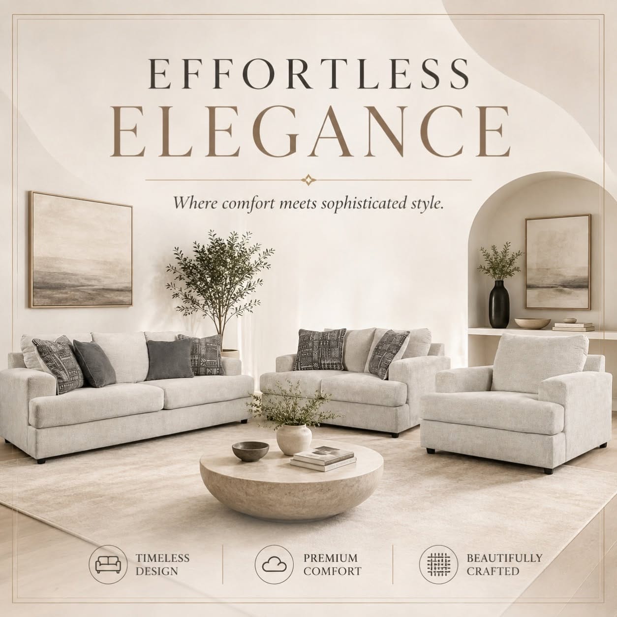 Effortless elegance — a cream sofa, loveseat and chair. Where comfort meets sophisticated style.
