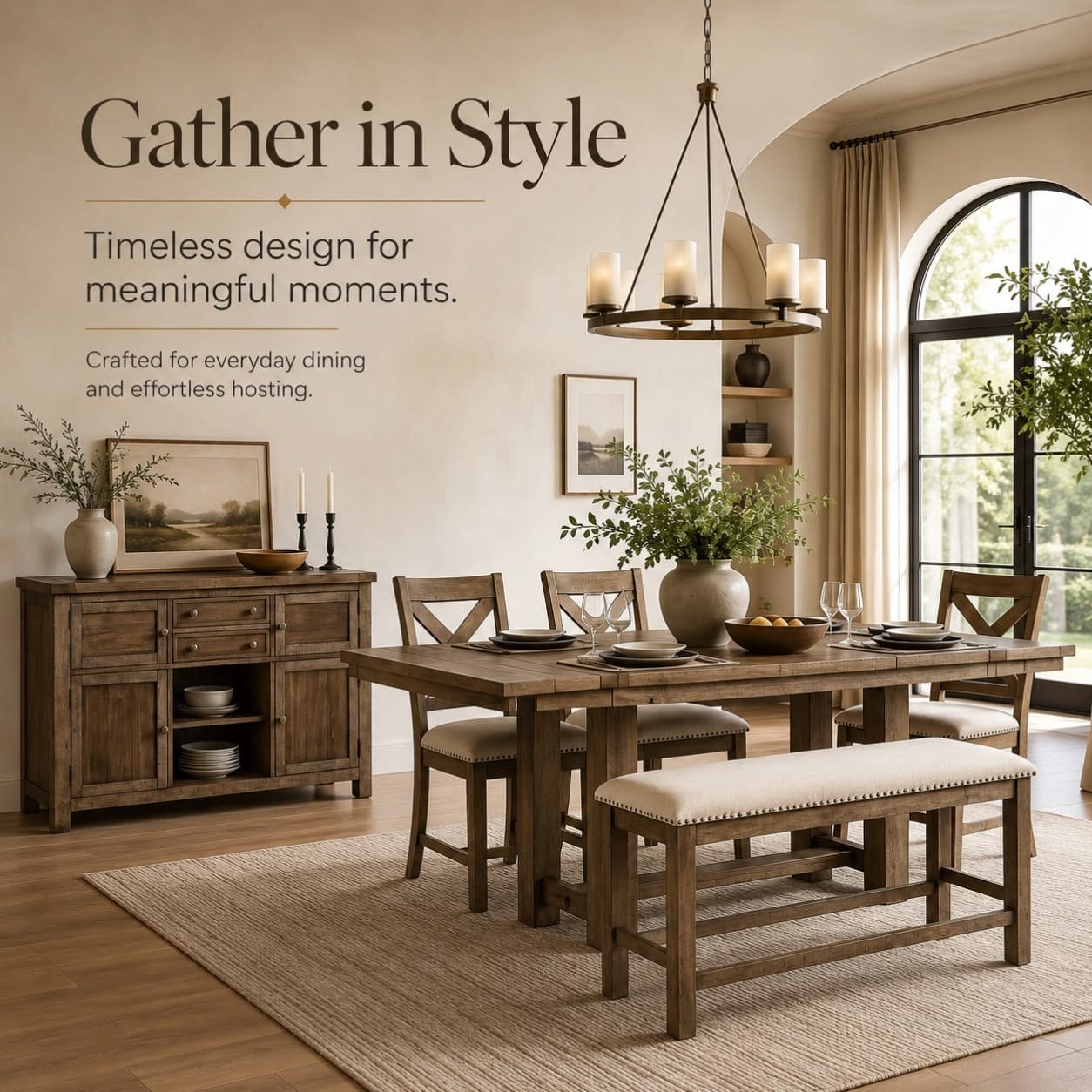 Gather in style — a rustic dining table with bench, chairs and sideboard.