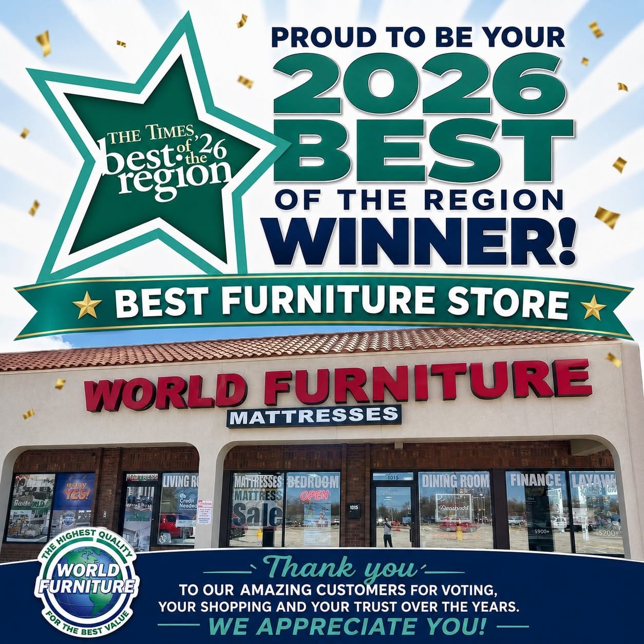 Proud to be your 2026 Best of the Region winner — Best Furniture Store. Thank you to our customers for voting.
