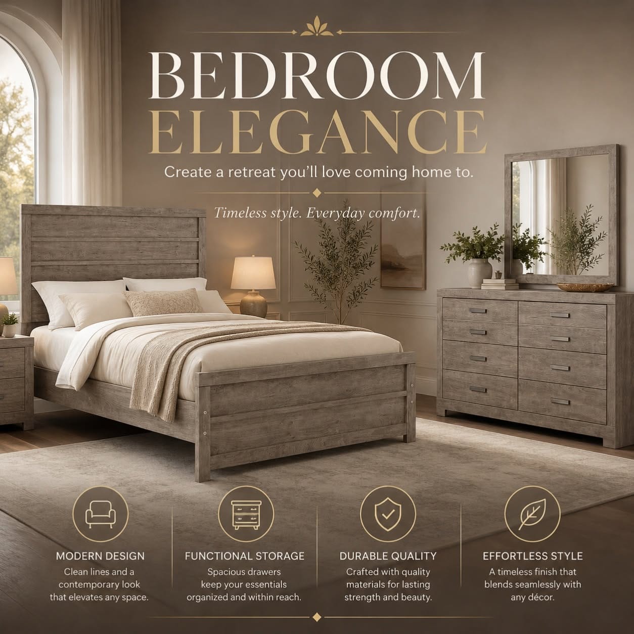 Bedroom elegance — a weathered grey bed, dresser and mirror.
