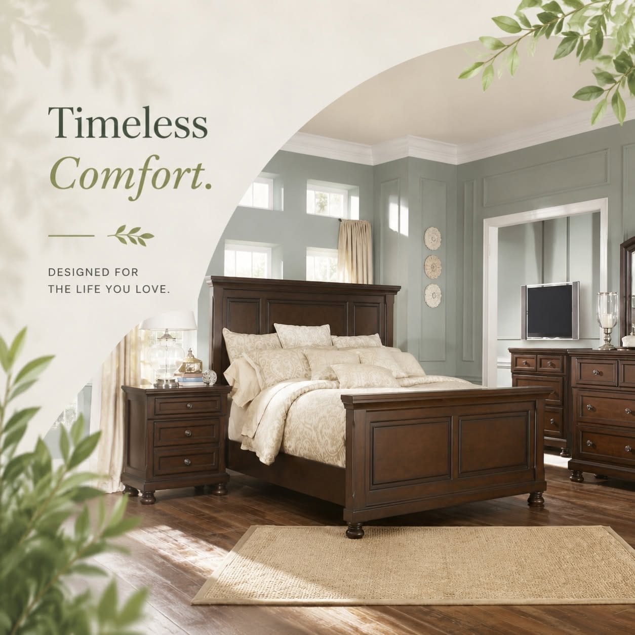 Timeless comfort — a dark wood panel bed, nightstand and dresser.